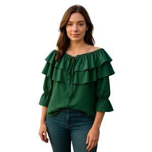 Byinns Viridian Green Ruffled 3/4 Sleeve Blouse peasant poet cottagecore medium
